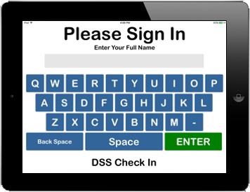 This screen is the iPads first kiosk screen in DSS Check In that asks for the persons name.