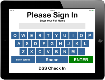 First screen of the DSS Check In Kiosk asks for the name