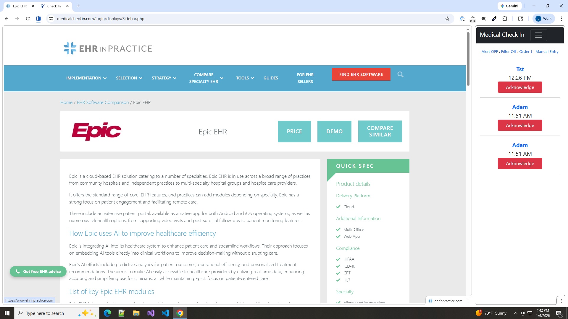 Add in the Medical Check In page to show the sidebar display.